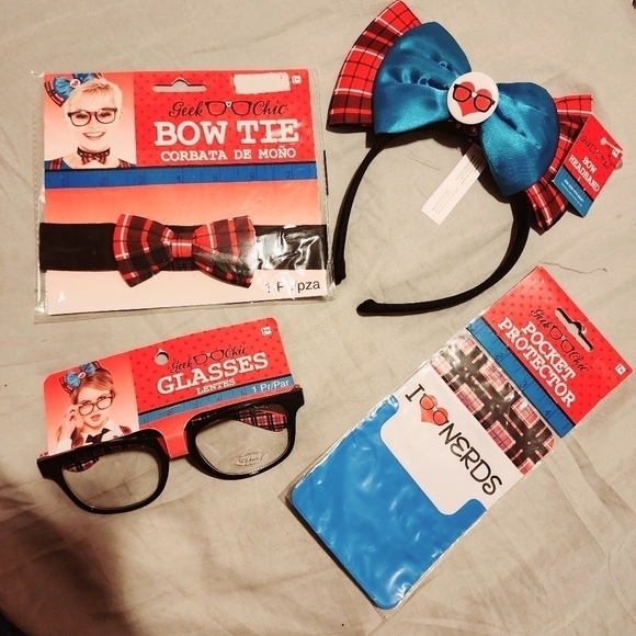 Geek Chick Nerd Halloween Costume Cosplay Headband Bowtie Glasses Pocket Protect - Picture 1 of 11